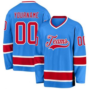 Custom Powder Blue Red-White Hockey Jersey Suit for daily life,Material: 100% polyester,price varies by size and custom