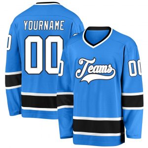 Custom Powder Blue White-Black Hockey Jersey Suit for daily life,Material: 100% polyester,price varies by size and custom