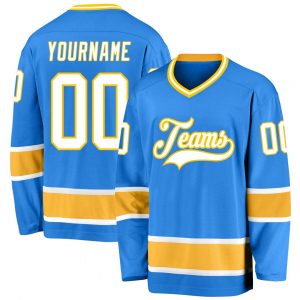 Custom Powder Blue White-Gold Hockey Jersey Suit for daily life,Material: 100% polyester,price varies by size and custom