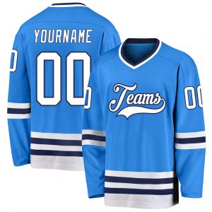 Custom Powder Blue White-Navy Hockey Jersey Suit for daily life,Material: 100% polyester,price varies by size and custom