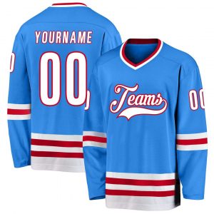 Custom Powder Blue White-Red Hockey Jersey Suit for daily life,Material: 100% polyester,price varies by size and custom