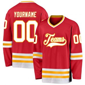 Custom Red White-Gold Hockey Jersey Suit for daily life,Material: 100% polyester,price varies by size and custom