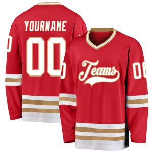 Custom Red White-Old Gold Hockey Jersey Suit for daily life,Material: 100% polyester,price varies by size and custom