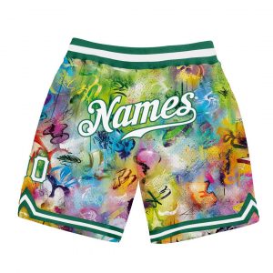 Custom Scratch Graffiti Pattern White-Kelly Green 3D Authentic Basketball Shorts Suit for daily life,Material: 100% polyester,price varies by size and custom