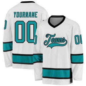 Custom White Aqua-Black Hockey Jersey Suit for daily life,Material: 100% polyester,price varies by size and custom