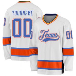 Custom White Blue-Orange Hockey Jersey Suit for daily life,Material: 100% polyester,price varies by size and custom