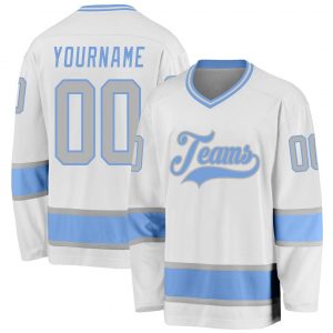 Custom White Gray-Light Blue Hockey Jersey Suit for daily life,Material: 100% polyester,price varies by size and custom