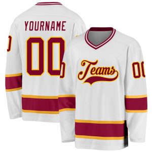 Custom White Maroon-Gold Hockey Jersey Suit for daily life,Material: 100% polyester,price varies by size and custom