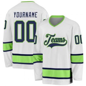 Custom White Navy-Neon Green Hockey Jersey Suit for daily life,Material: 100% polyester,price varies by size and custom