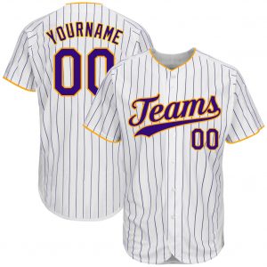 Custom White Purple Pinstripe Purple-Gold Authentic Baseball Jersey Suit for daily life,Material: 100% polyester,price varies by size and custom