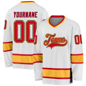 Custom White Red-Gold Hockey Jersey Suit for daily life,Material: 100% polyester,price varies by size and custom