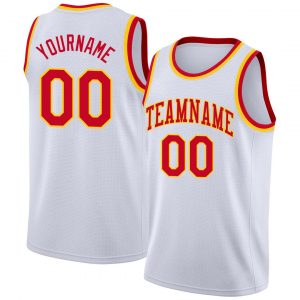 Custom White Red-Gold Round Neck Rib-Knit Basketball Jersey Suit for daily life,Material: 100% polyester,price varies by size and custom