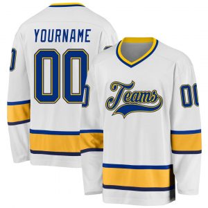 Custom White Royal-Gold Hockey Jersey Suit for daily life,Material: 100% polyester,price varies by size and custom