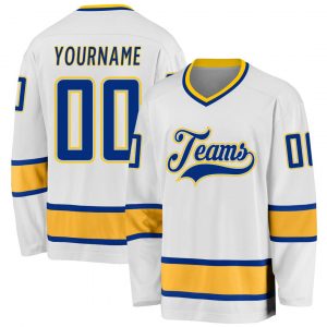 Custom White Royal-Gold Hockey Jersey Suit for daily life,Material: 100% polyester,price varies by size and custom